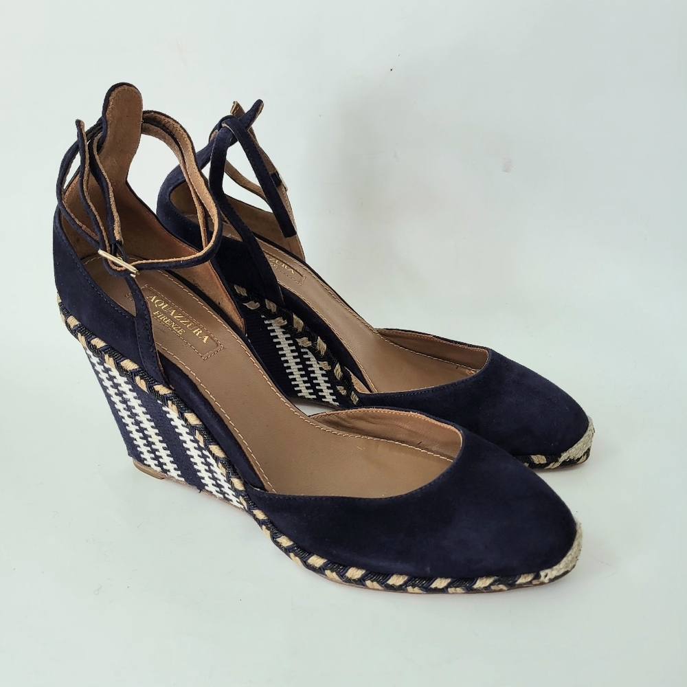 Aquazzura Size 40 Suede D'Orsay Espadrille Wedge Blue Tan Womens US 10